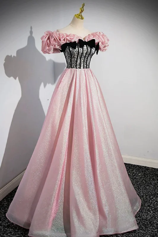 Shiny Tulle Long A-Line Pink Corset Prom Dress, Off the Shoulder Evening Party Dress Tunics Corduroy durable