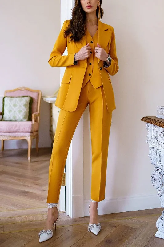 Gold 3 Piece Single Buttons Slim Fit Women Suit (Blazer+Vest+Pants) Wide-Legged Palazzos Gold 3 Piece Single Buttons Slim Fit Women Suit (Blazer+Vest+Pants) Wide-Legged Palazzos
