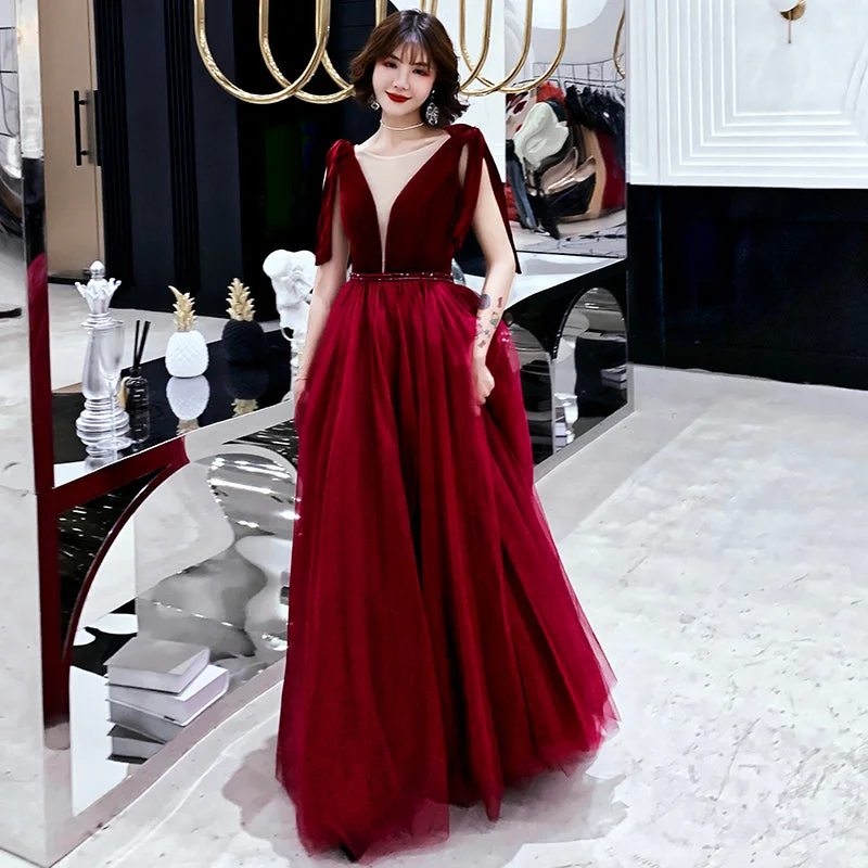 Burgundy velvet tulle long prom dress party dress Tunics Floral girly