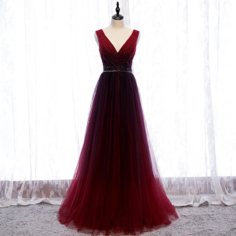 Gradient Beaded Wine Red Tulle Long Party Dress, A-line Wine Red Prom Formal Dresses Chiffon Maxi Beach Gradient Beaded Wine Red Tulle Long Party Dress, A-line Wine Red Prom Formal Dresses Chiffon Maxi Beach