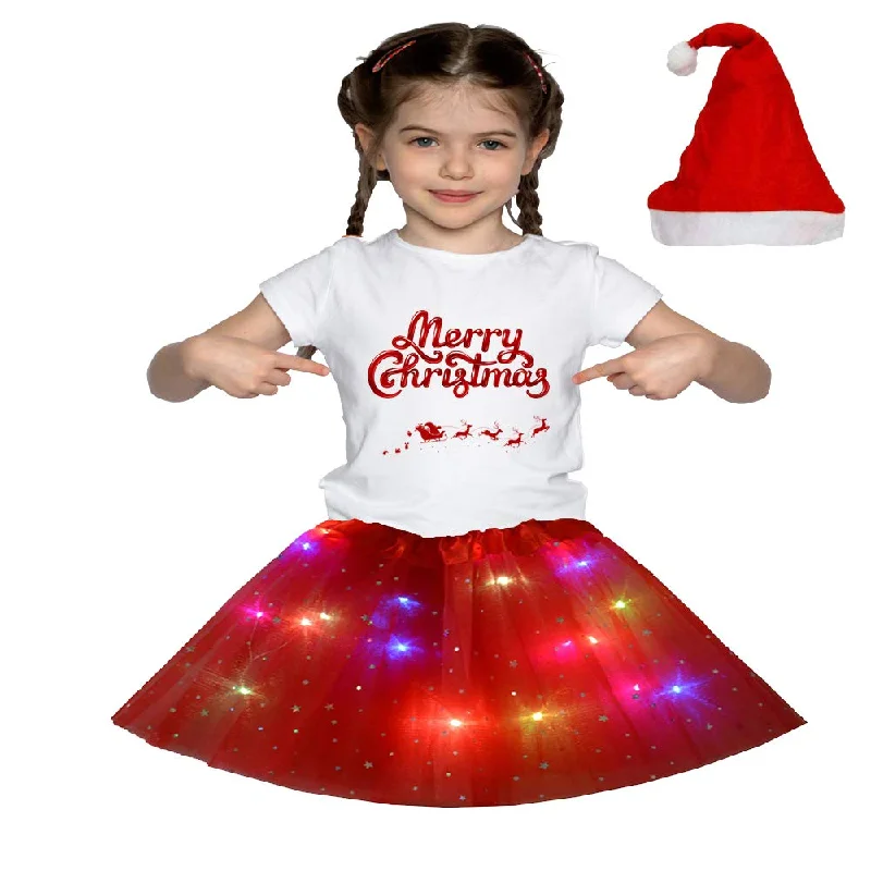 Christmas T_Shirt and Tutu Led Skirt with X-Mas Santa Cap Christmas Party Dress for Girls Turtleneck Warm Winter