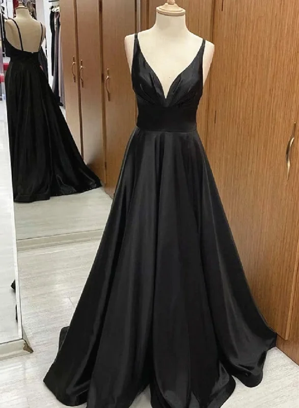 V-neck line Black Long Satin A-line Prom Dresses, V Neck Black Formal Dresses Party Dresses Tunics New arrival V-neck line Black Long Satin A-line Prom Dresses, V Neck Black Formal Dresses Party Dresses Tunics New arrival