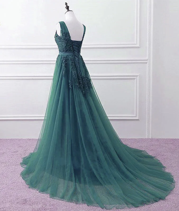 Hunter Green Tulle V-neckline Long Party Dress, Dark Green A-line Prom Dress Tunics Denim casual Hunter Green Tulle V-neckline Long Party Dress, Dark Green A-line Prom Dress Tunics Denim casual