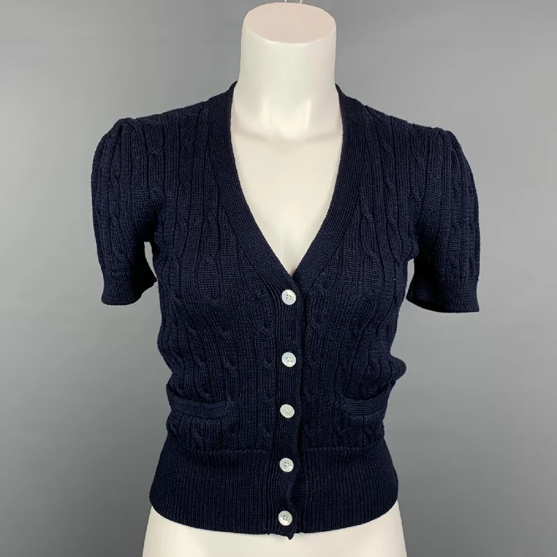 RALPH LAUREN Blue Label Size S Navy Knitted Cotton Short Sleeve Cardigan Wool Fabric Cashmere Fabric Tweed Fabric RALPH LAUREN Blue Label Size S Navy Knitted Cotton Short Sleeve Cardigan Wool Fabric Cashmere Fabric Tweed Fabric