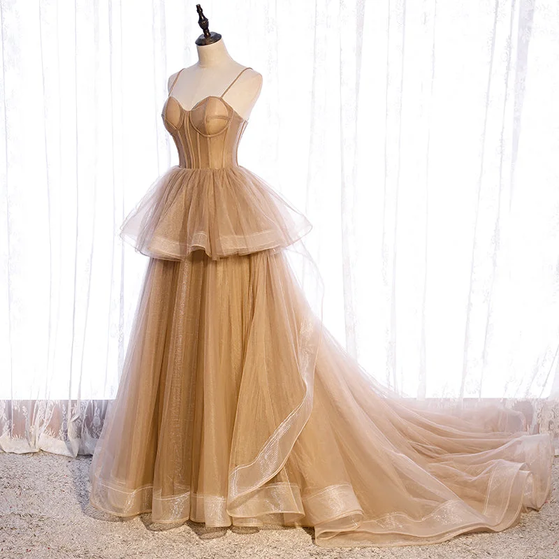 Champagne Tulle Sweetheart Straps Long Ball Gown Prom Dresses, Champagne Party Dresses Tunics Chic fashionable Champagne Tulle Sweetheart Straps Long Ball Gown Prom Dresses, Champagne Party Dresses Tunics Chic fashionable