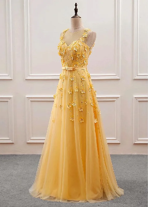 Yellow Flowers Tulle Long New Prom Dress, A-line Party Dress Tunics Practical easy-care