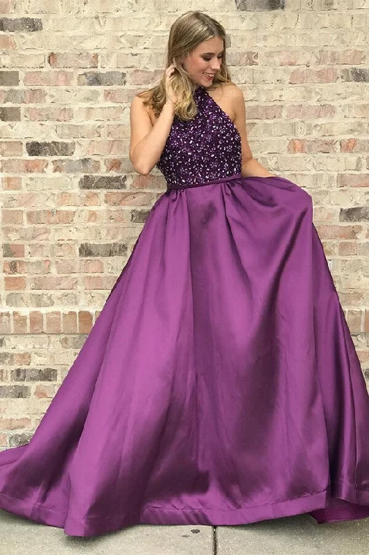 Purple Satin A-line High Neck Prom Dresses With Rhinestones, Party Dress Tunics Fashionable trendy Purple Satin A-line High Neck Prom Dresses With Rhinestones, Party Dress Tunics Fashionable trendy