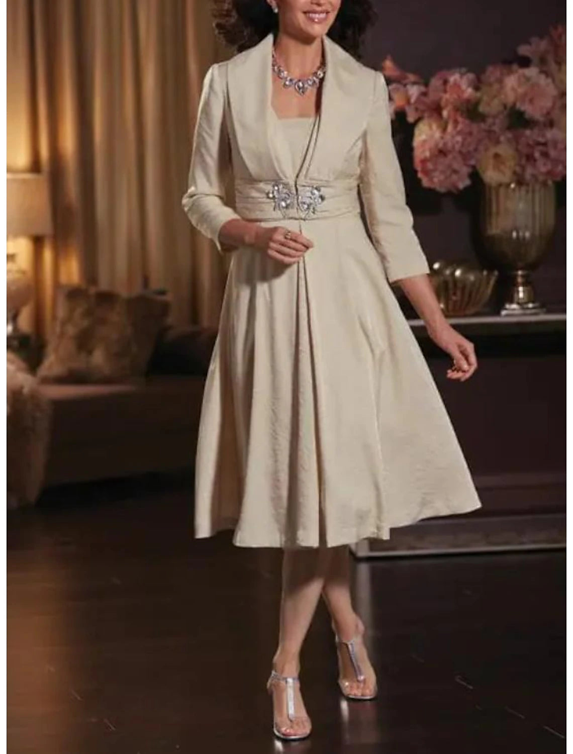 Two Piece A-Line Plus Size Curve Mother of the Bride Dress Wedding Guest Elegant Casual Winter With 3/4 Sleeve Jacket Shirt Collar Tea Length Taffeta Crystal Brooch V-Neck Jacket Boat Neck Jacket Square Neck Jacket Two Piece A-Line Plus Size Curve Mother of the Bride Dress Wedding Guest Elegant Casual Winter With 3/4 Sleeve Jacket Shirt Collar Tea Length Taffeta Crystal Brooch V-Neck Jacket Boat Neck Jacket Square Neck Jacket