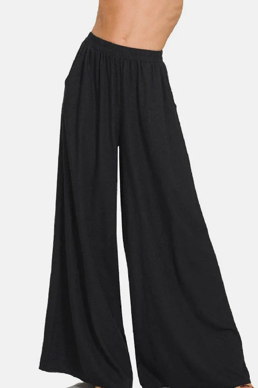 Zenana Pleated Linen Blend Wide Leg Pants Relaxed Lounge Trousers