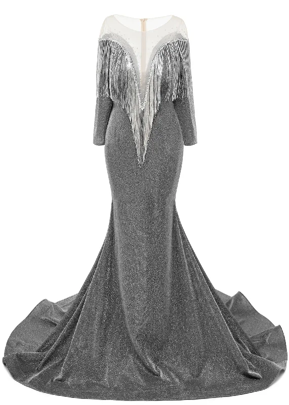 Deep V-neck Shiny Gray Prom Dresses Long sleeves Mermaid Evening Party Dresses Tunics Handmade artisanal Deep V-neck Shiny Gray Prom Dresses Long sleeves Mermaid Evening Party Dresses Tunics Handmade artisanal