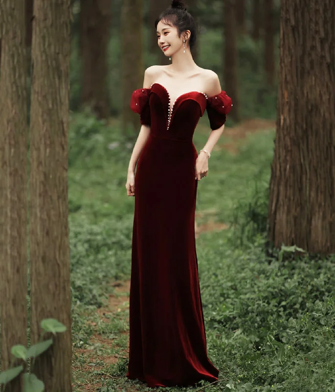 Burgundy Velvet Long Prom Dress with Pearls, Mermaid Off Shoulder Evening Party Dress Tunics New arrival Burgundy Velvet Long Prom Dress with Pearls, Mermaid Off Shoulder Evening Party Dress Tunics New arrival
