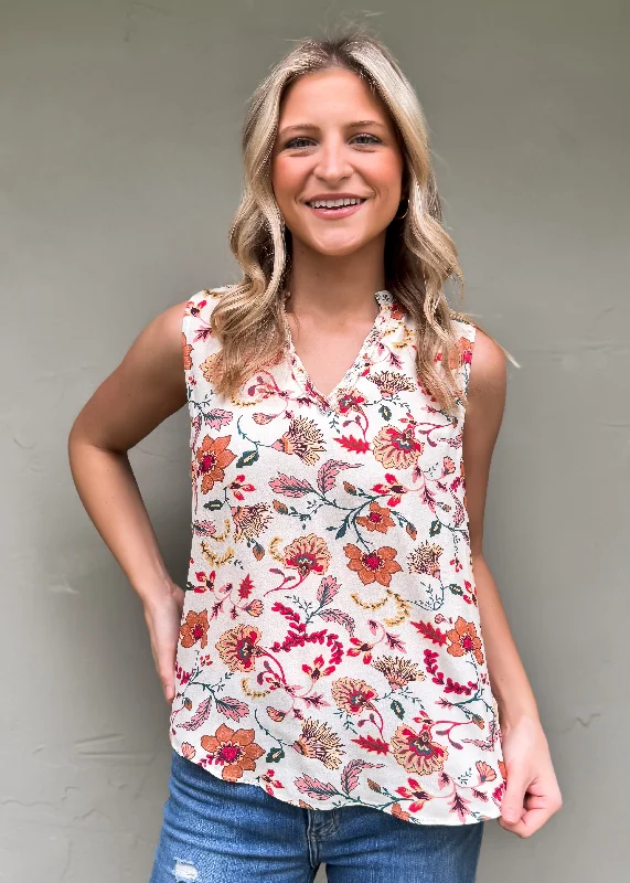 Another Love: Fia Ruffle Tank, Raspberry Bloom white tank top