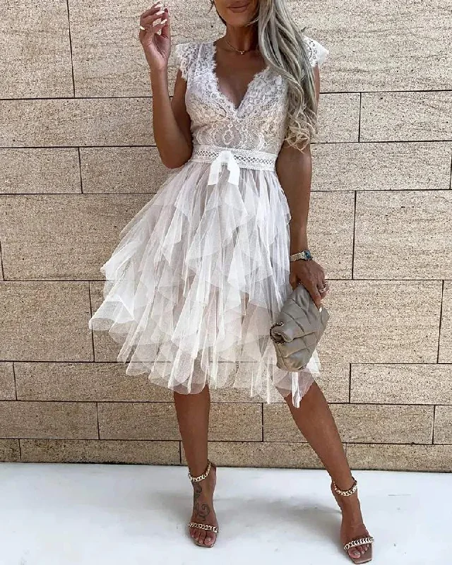 LACE PATCH SHEER MESH SLEEVELESS PARTY DRESS Tunics New arrival