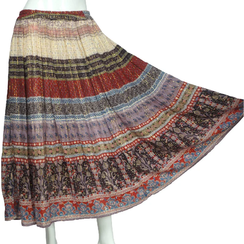 Vintage 1980s Indian Gauze Cotton Skirt w Metallic Thread Floral Print One Size ribbed skirt waist Vintage 1980s Indian Gauze Cotton Skirt w Metallic Thread Floral Print One Size ribbed skirt waist