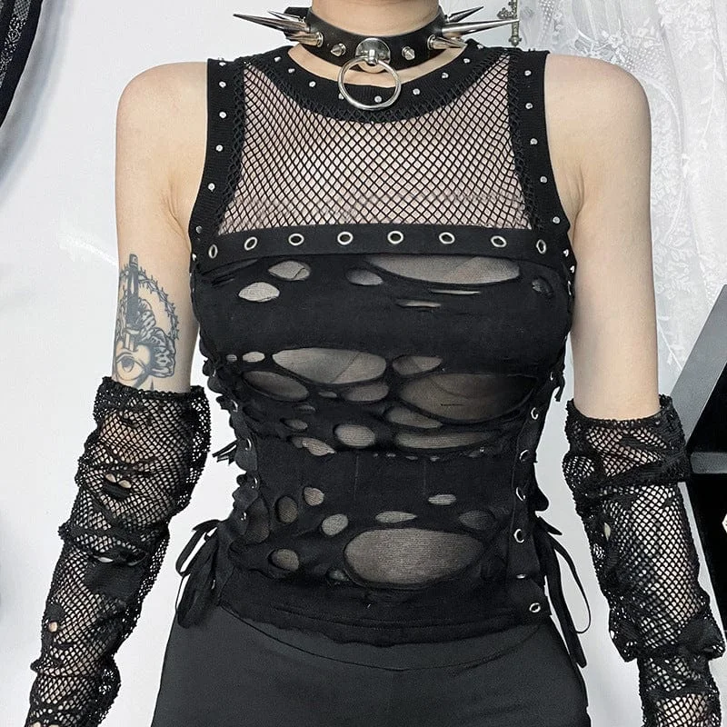 Women's Punk Ripped Mesh Splice Eyelet Tank Top charcoal tank top