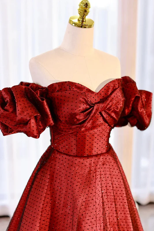 Burgundy Satin Tulle Long Prom Dress, Off the Shoulder Evening Party Dress Tunics Polka dots Burgundy Satin Tulle Long Prom Dress, Off the Shoulder Evening Party Dress Tunics Polka dots