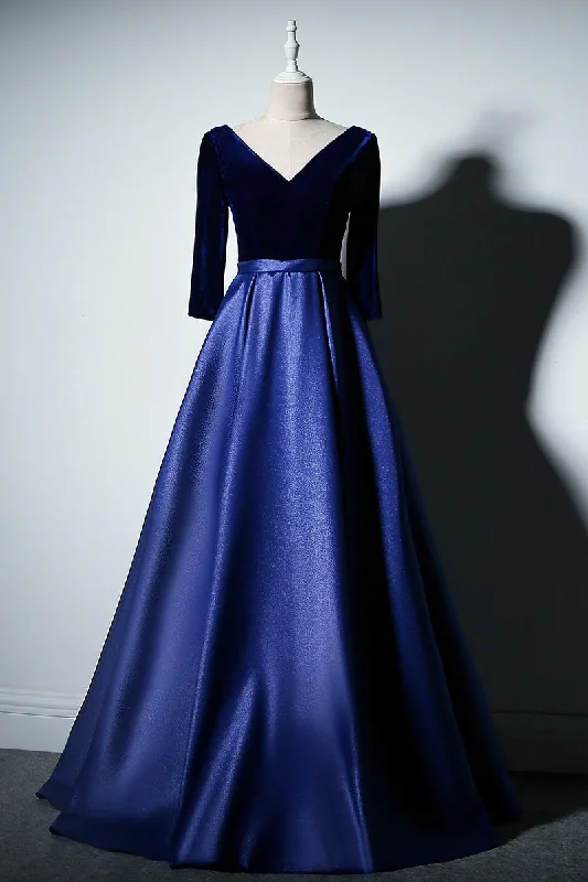 Pretty Royal Blue Long Sleeves Satin with Velvet Party Dress, A-line Long Prom Dress Tunics Plaid country Pretty Royal Blue Long Sleeves Satin with Velvet Party Dress, A-line Long Prom Dress Tunics Plaid country