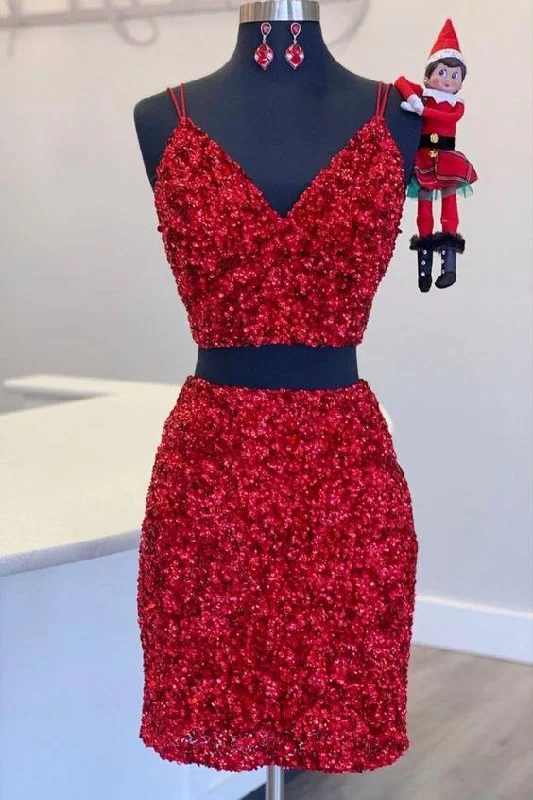 Two Piece Red Sequined Homecoming Dress, V-neck Tight Party Dress,Short Prom Dresses Tunics Chic fashionable Two Piece Red Sequined Homecoming Dress, V-neck Tight Party Dress,Short Prom Dresses Tunics Chic fashionable