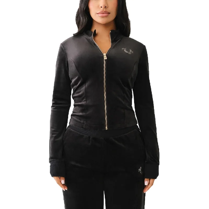 True Religion Womens Logo  Fleece Jacket Zip Front Button Front Snap Front