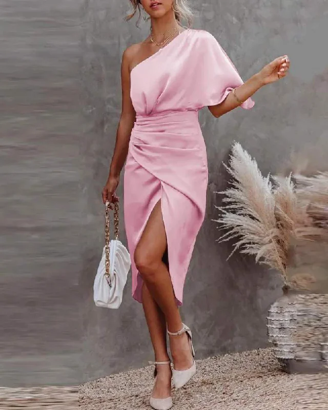 ONE SHOULDER BATWING SLEEVE RUCHED PARTY DRESS Tunics Office stylish