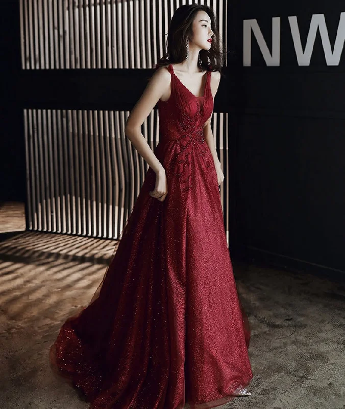 Burgundy tulle long prom dress party dress Tunics Long Elegant