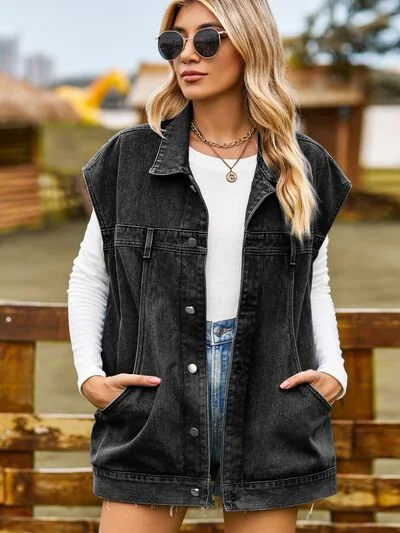 Blue Zone Planet | Button Up Collared Neck Sleeveless Denim Jacket Herringbone Jacket Checkered Jacket Solid Jacket Blue Zone Planet | Button Up Collared Neck Sleeveless Denim Jacket Herringbone Jacket Checkered Jacket Solid Jacket