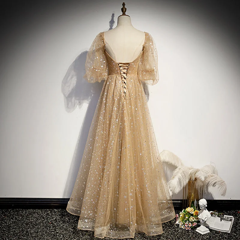 Champagne Tulle Chich Long Puffy Sleeves Party Dress Formal Dress, A-line Tulle Prom Dress Tunics Summer linen Champagne Tulle Chich Long Puffy Sleeves Party Dress Formal Dress, A-line Tulle Prom Dress Tunics Summer linen