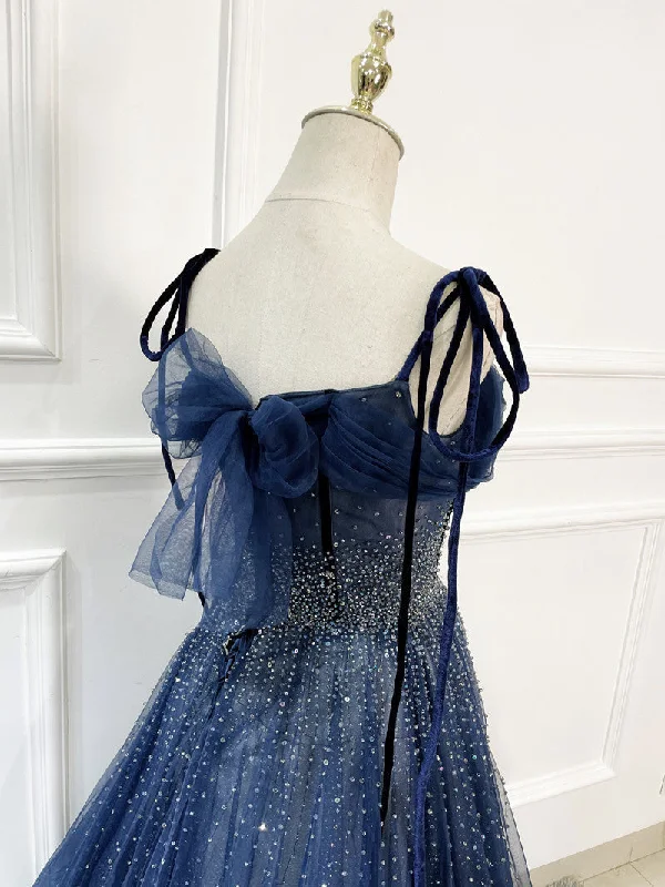 Shiny Navy Blue Tulle Straps Long Prom Dresses Party Dresses, A-line Beaded Prom Dresses Tunics Stylish modern Shiny Navy Blue Tulle Straps Long Prom Dresses Party Dresses, A-line Beaded Prom Dresses Tunics Stylish modern