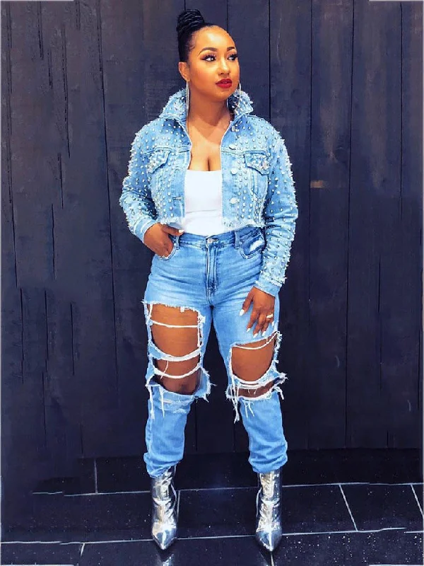 Rivet Ripped Hole Vintage Short Denim Jackets Notch Collar Peter Pan Collar Cowl Neck Rivet Ripped Hole Vintage Short Denim Jackets Notch Collar Peter Pan Collar Cowl Neck