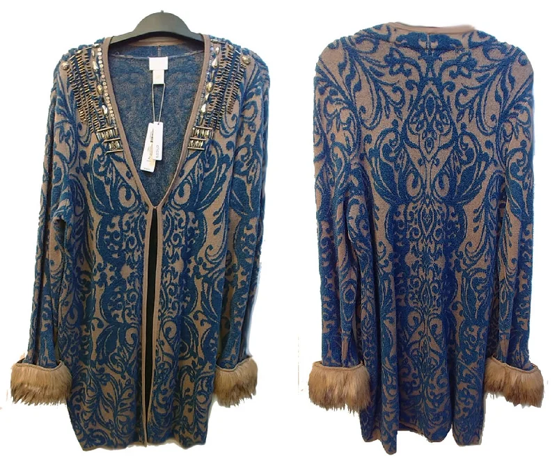 *  NEW WITH TAGS - CHICO'S SPARKLING JEWELED FLOCKED PATTERN SWEATER CARDIGAN IN BLUE MULTI WITH FAUX FUR CUFFS - WOULD MAKE A WONDERFUL CHRISTMAS OR BIRTHDAY GIFT Mesh Cardigan Canvas Denim