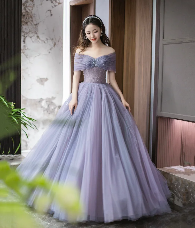Purple Tulle Beaded Long Prom Dress, Off Shoulder Evening Party Dress Tunics Review highly Purple Tulle Beaded Long Prom Dress, Off Shoulder Evening Party Dress Tunics Review highly