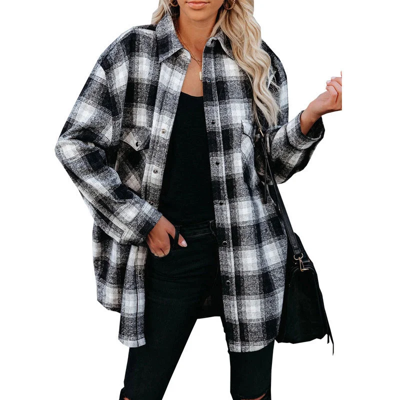 Women's Plaid Mid Length Loose Lapel Cardigan Shirt Collared Crew Neck Turtle Neck