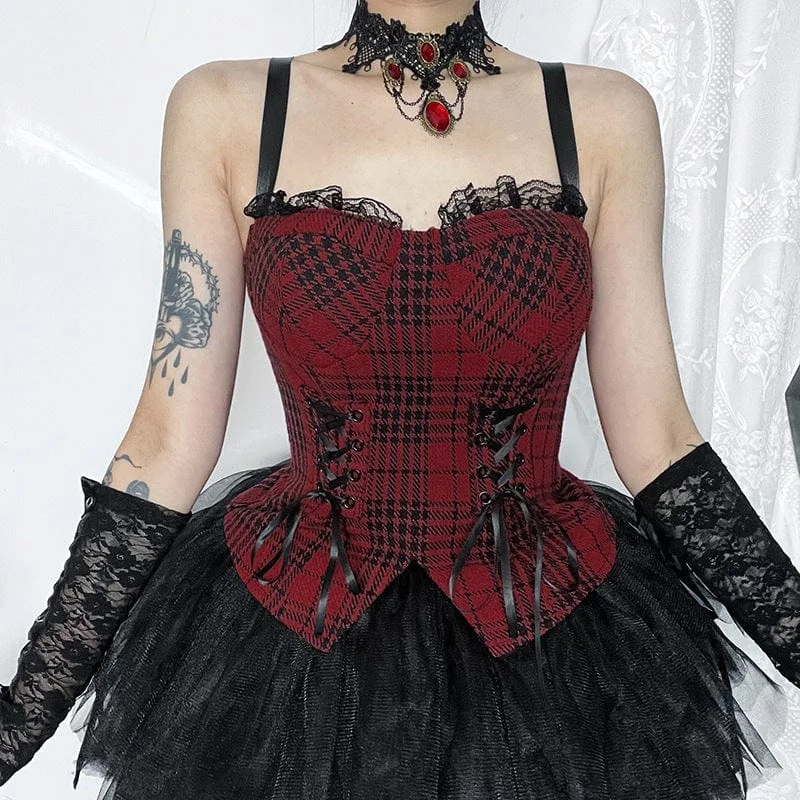 Women's Gothic Lace Splice Split Plaid Tank Top loose fit tank