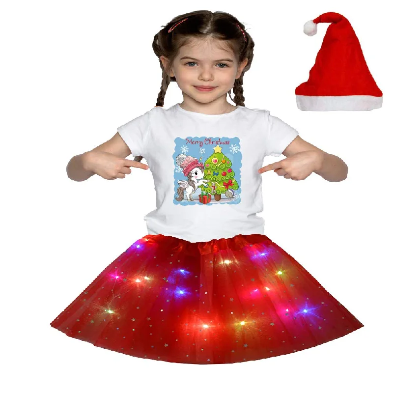 Christmas T_Shirt and Tutu Led Skirt with X-Mas Santa Cap Christmas Party Dress for Girls Tunics Top Casual Christmas T_Shirt and Tutu Led Skirt with X-Mas Santa Cap Christmas Party Dress for Girls Tunics Top Casual