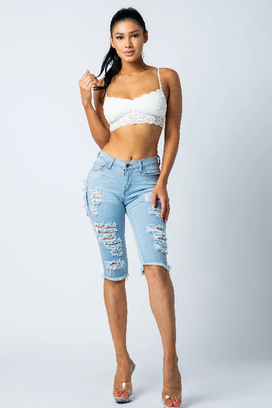7024 Women's Mid Rise Skinny Distressed Bermuda Pants High-Waist Yoga Pants
