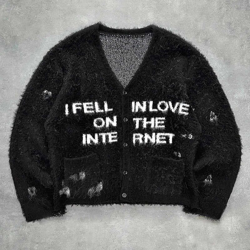 Streetwear Style Knitted V-Neck Sweater - Harajuku Lettering Black Cardigan Faux Fur Fabric Real Fur Fabric Shearling Fabric Streetwear Style Knitted V-Neck Sweater - Harajuku Lettering Black Cardigan Faux Fur Fabric Real Fur Fabric Shearling Fabric