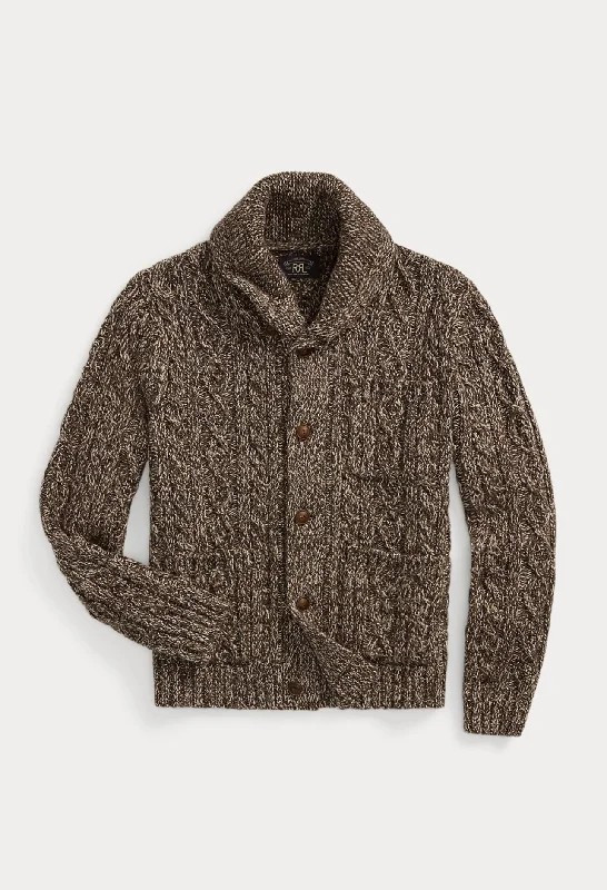 Marled Aran-Knit Shawl Cardigan Satin Blend Silk Blend Wool Blend