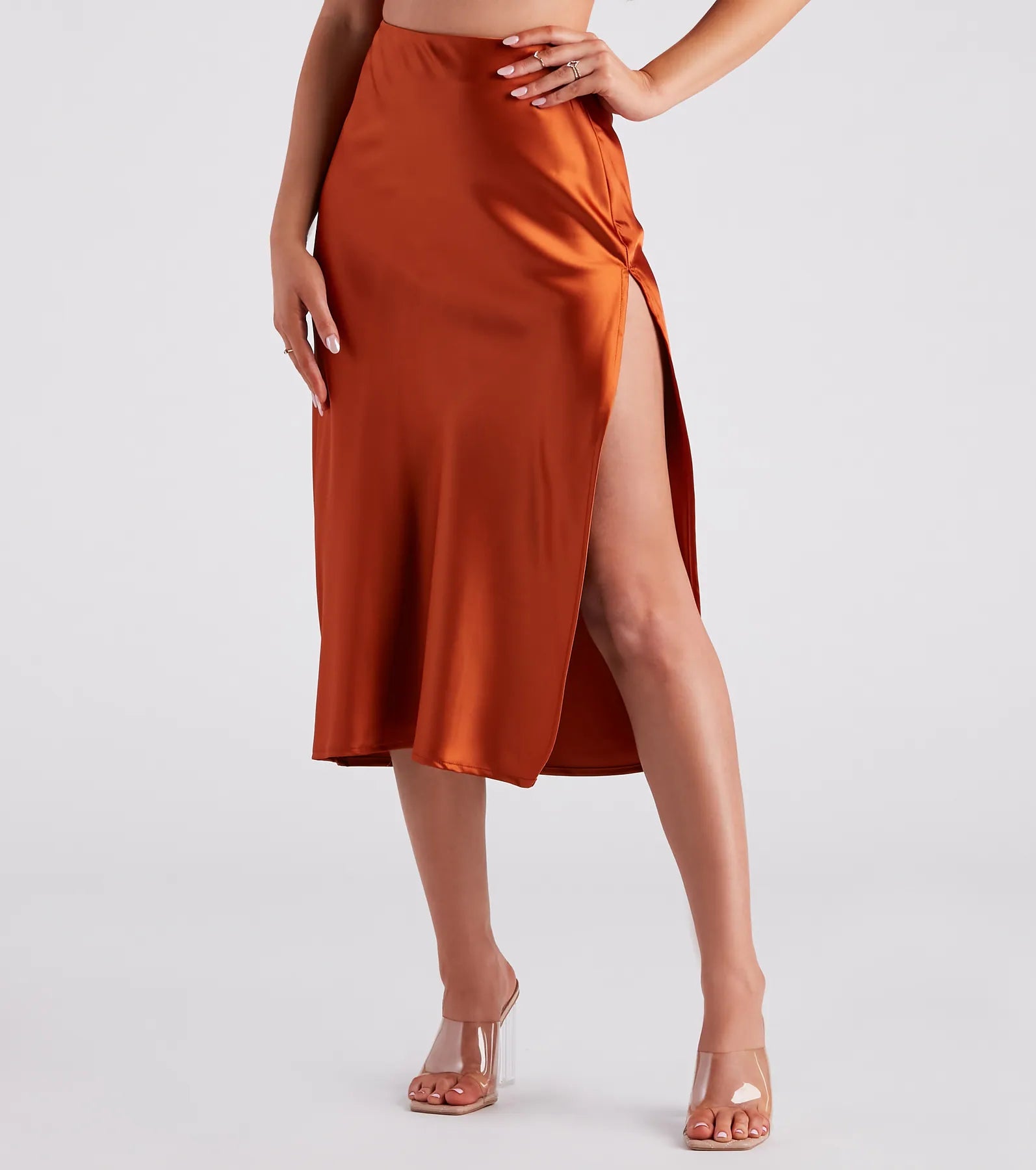 Lavish Life Satin Slit Midi Skirt low waist skirt