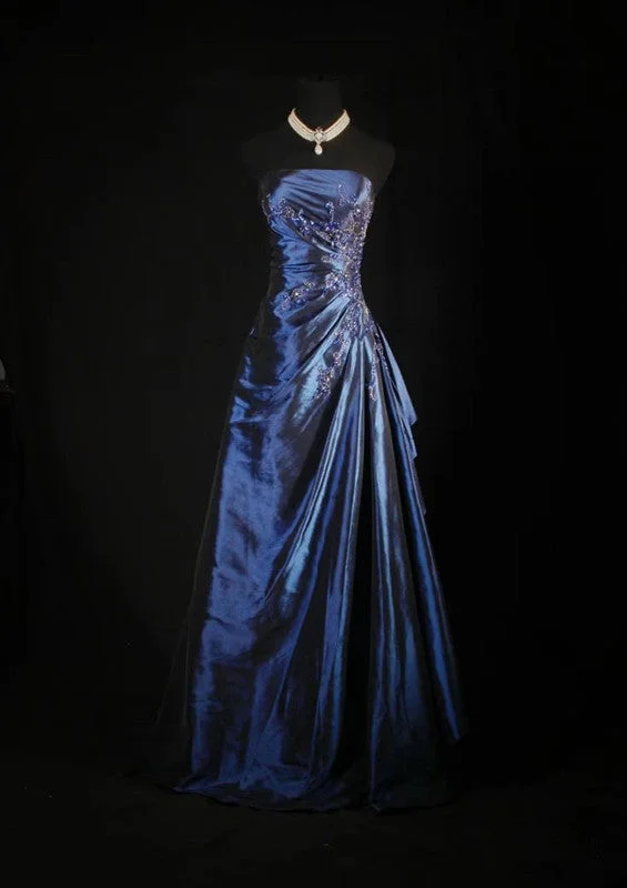 Vintage Ball Gown Strapless Navy Blue Satin Long Prom Dresses Party Dress Tunics Occasion special Vintage Ball Gown Strapless Navy Blue Satin Long Prom Dresses Party Dress Tunics Occasion special