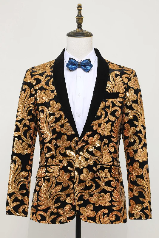 Men's Blazer Slim Fit Solid One Button Business Gold Suit Jacket Cardigan Sweater Pullover