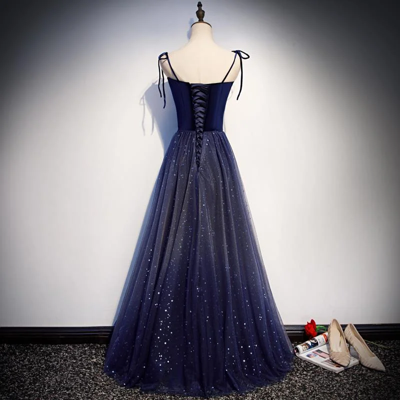 Navy Blue Tulle Straps Long Velvet Party Dress, Blue Prom Dress Tunics stripes playful Navy Blue Tulle Straps Long Velvet Party Dress, Blue Prom Dress Tunics stripes playful