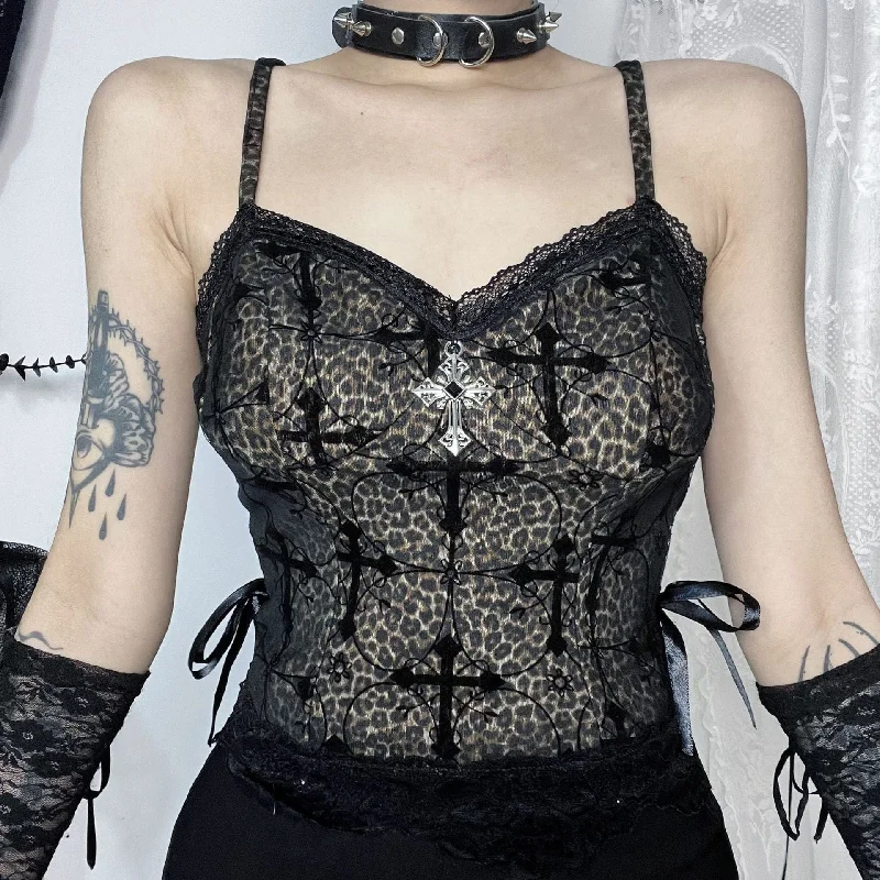 Women's Gothic Cross Leopard Flocking Tank Top workout tank top