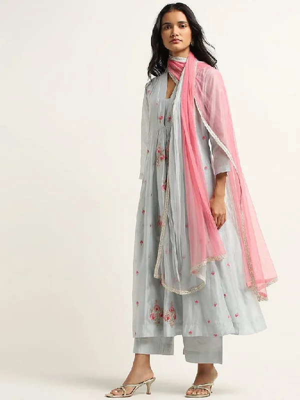 Vark Dusty Blue Floral A-Line Kurta, Mid Rise Pants & Net Dupatta Set Comfortable Denim Trousers