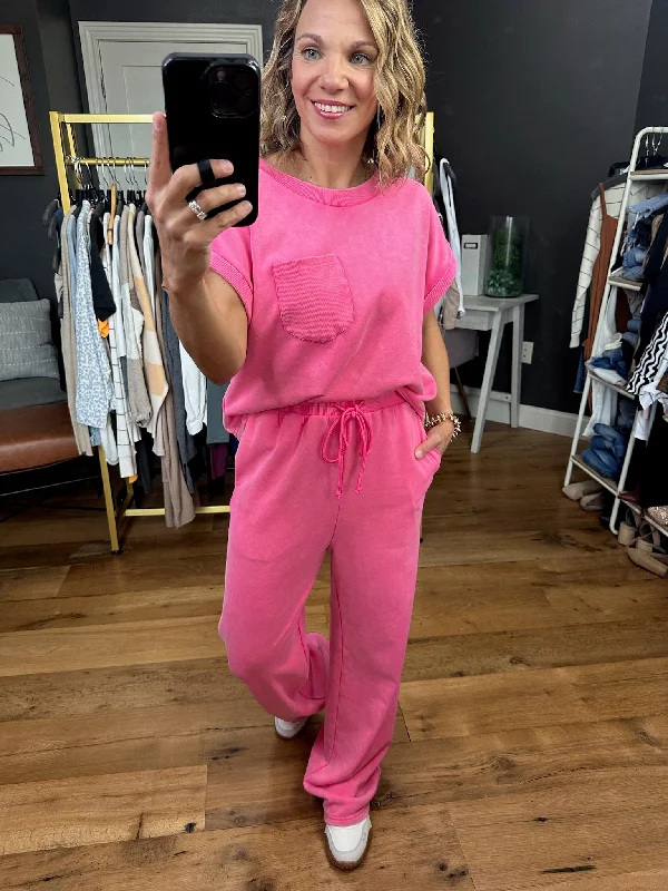 Pink World Washed Pocket Top + Pant Set - Pink Fashionable Tapered Leg Pants