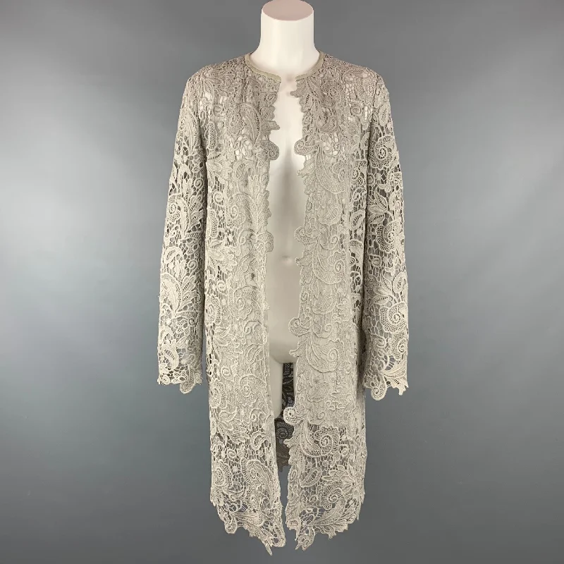 RALPH LAUREN Black Label Size 10 Light Gray Lace Textured Cotton Leather Trim Cardigan Open Front Closed Front Wrap Front RALPH LAUREN Black Label Size 10 Light Gray Lace Textured Cotton Leather Trim Cardigan Open Front Closed Front Wrap Front