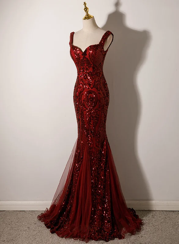 Wine Red Straps Sweetheart Mermaid Long Party Dress, Wine Red Sequins Prom Dress Tunics Custom made Wine Red Straps Sweetheart Mermaid Long Party Dress, Wine Red Sequins Prom Dress Tunics Custom made