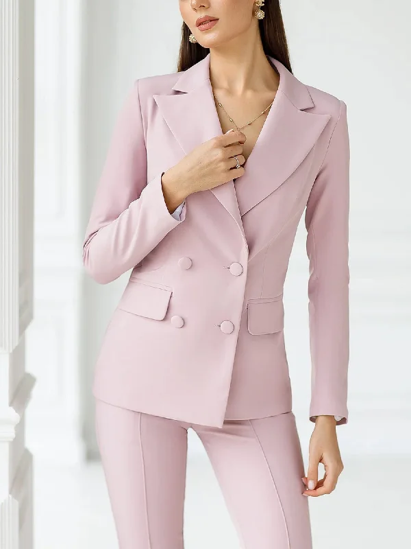 Pink 2 Piece Business Casual Double Breasted Peak Lapel Slim Fit Women Suit (Blazer+Pants) Chic Wool Trousers Pink 2 Piece Business Casual Double Breasted Peak Lapel Slim Fit Women Suit (Blazer+Pants) Chic Wool Trousers