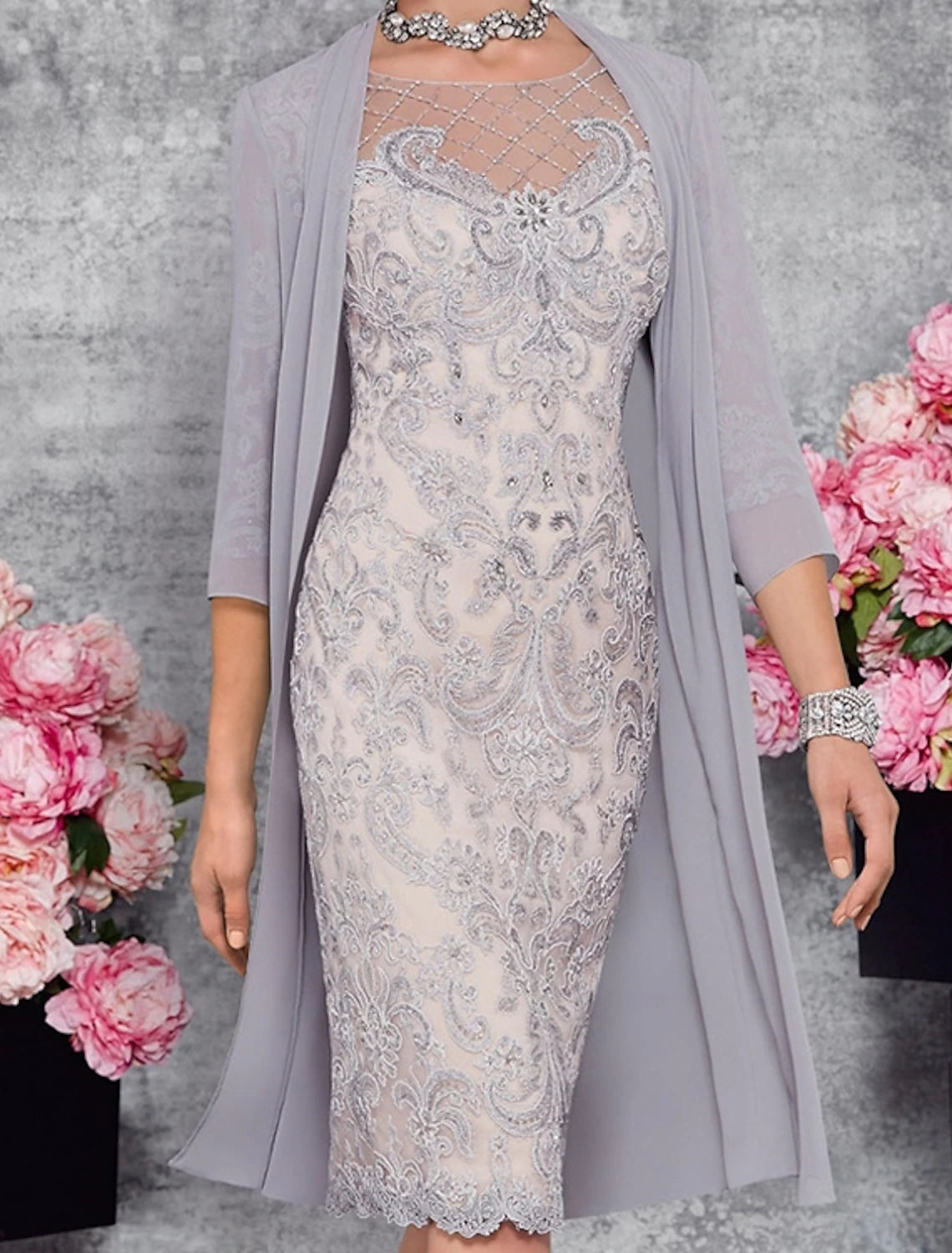 Two Piece Sheath / Column Mother of the Bride Dress Fall Wedding Guest Dresses Church Elegant Illusion Neck Knee Length Lace 3/4 Length Sleeve Jacket Dresses with Embroidery Herringbone Jacket Checkered Jacket Solid Jacket Two Piece Sheath / Column Mother of the Bride Dress Fall Wedding Guest Dresses Church Elegant Illusion Neck Knee Length Lace 3/4 Length Sleeve Jacket Dresses with Embroidery Herringbone Jacket Checkered Jacket Solid Jacket