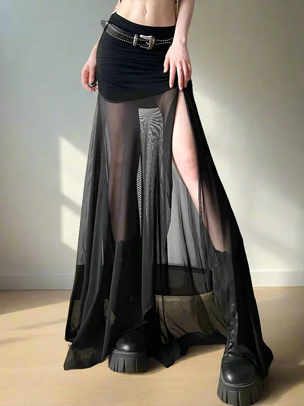 High Waist Mesh Black Maxi Skirt silk skirt lustrous