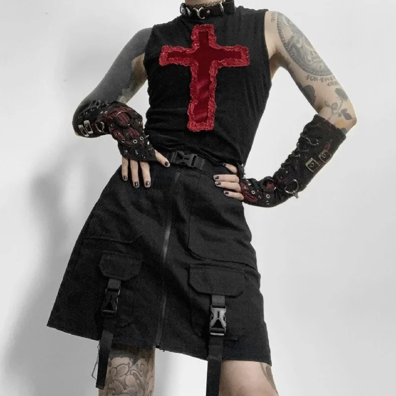 Women's Gothic Cross Lace Splice Mesh Tank Top ribbed tank top